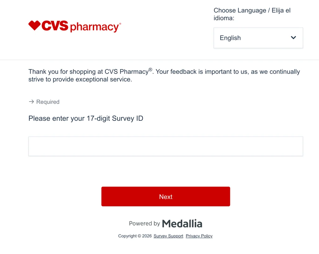 The CVS survey's first screen on survey.medallia.com, asking for the 17-digit Survey ID with a language menu