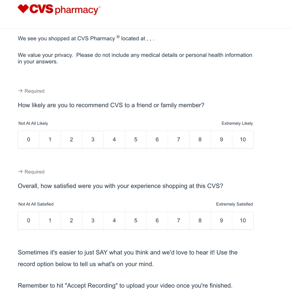 A CVS survey question screen with the optional Record video button and the written comment alternative