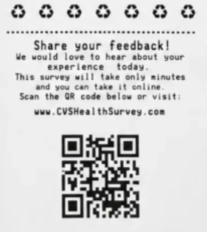 A CVS receipt's Share your feedback invitation, with a QR code and the address www.CVSHealthSurvey.com