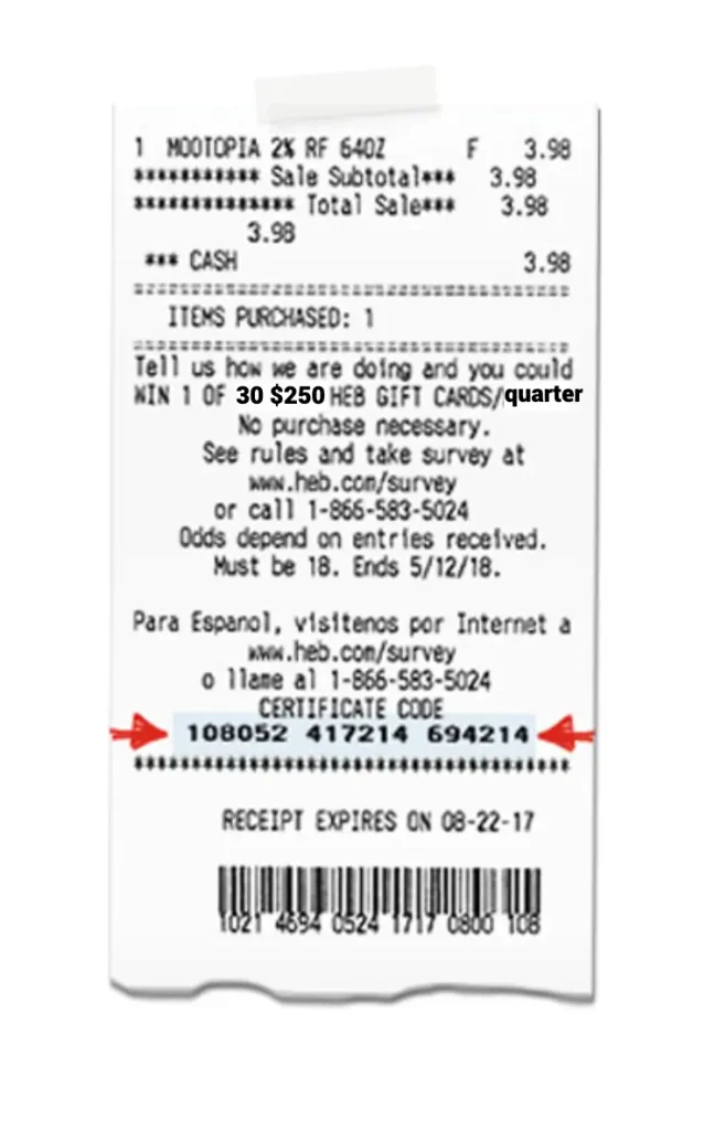 H-E-B survey sample receipt with the 18-digit certificate code near the bottom and the address www.heb.com/survey