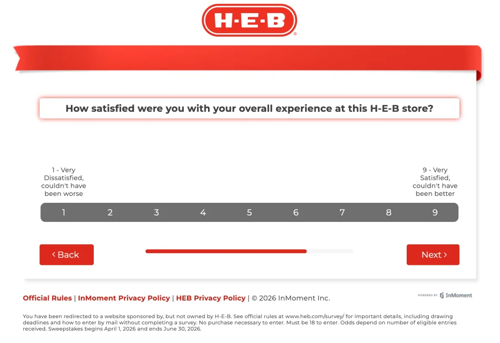 An H-E-B survey question asking how satisfied you were with the store, rated from 1 to 9.