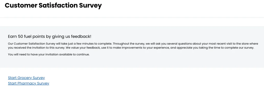 Kroger's survey page at kroger.com/i/feedback, showing the Start Grocery Survey and Start Pharmacy Survey buttons