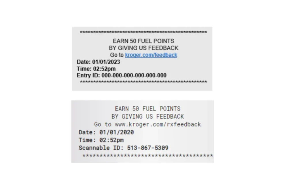 A Kroger survey invitation printed on a receipt, with the details the survey asks for