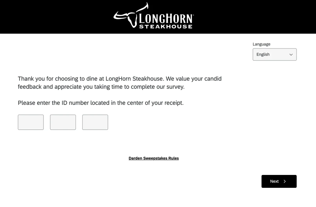 LongHorn survey start screen at LongHornSurvey.com asking for the ID number from the center of the receipt, in three boxes