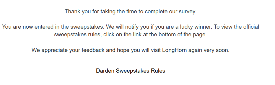 LongHorn survey final screen confirming you are now entered in the sweepstakes