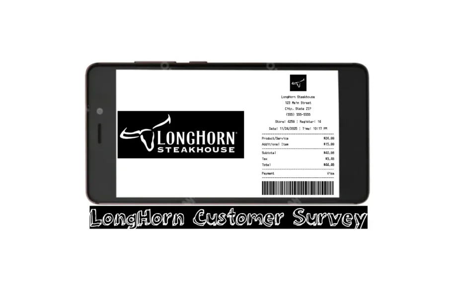 LongHorn survey start screen at LongHornSurvey.com asking for the receipt ID number, for a chance at a $100 gift card