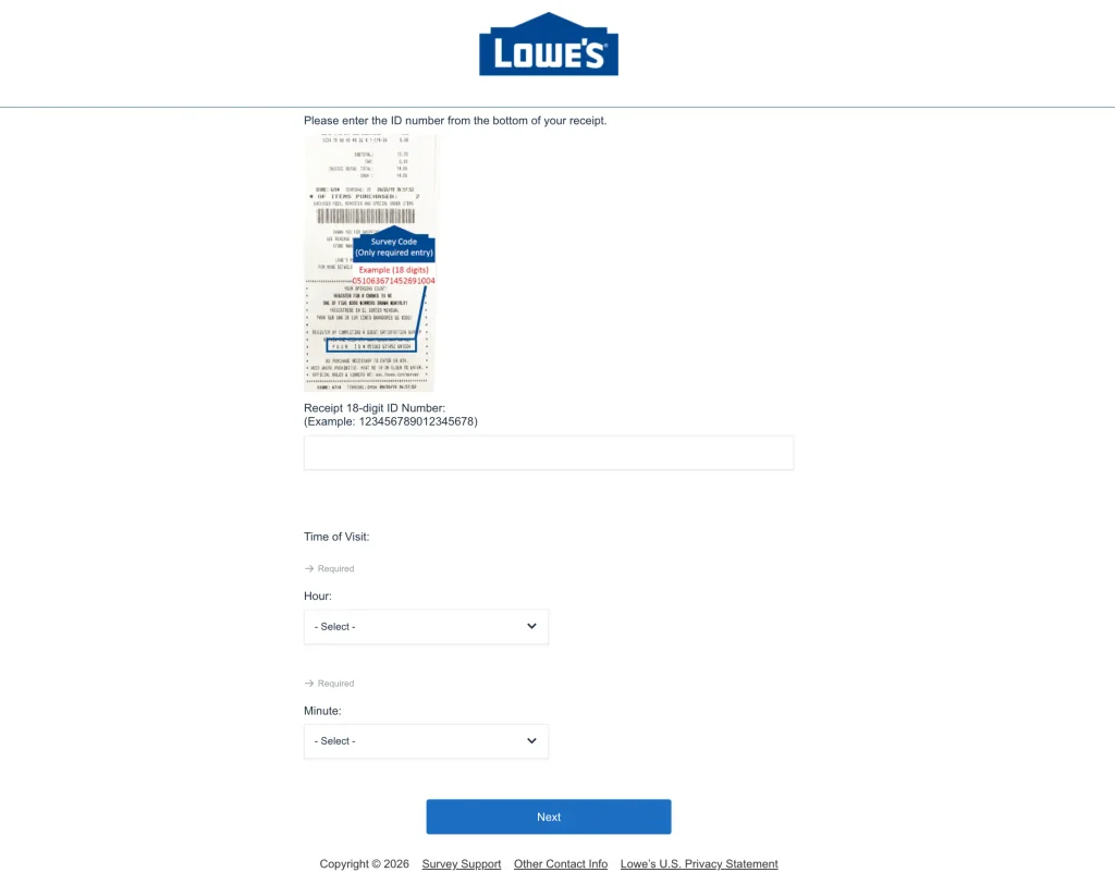 The Lowe's survey start screen on survey.medallia.com, reached by typing www.lowes.com/survey