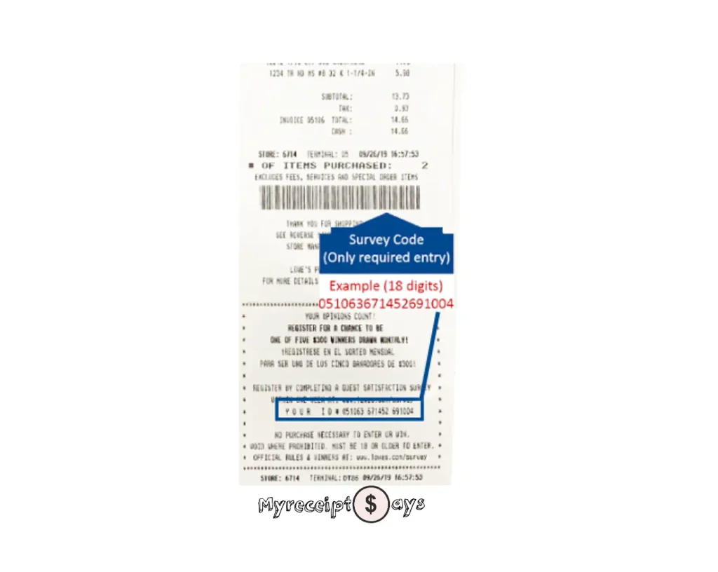 A Lowe's cash register receipt with the survey 18-digit code circled