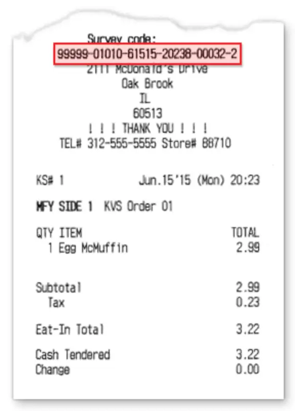 A McDonald's receipt with the 26-digit McDVoice survey code printed under Survey code: