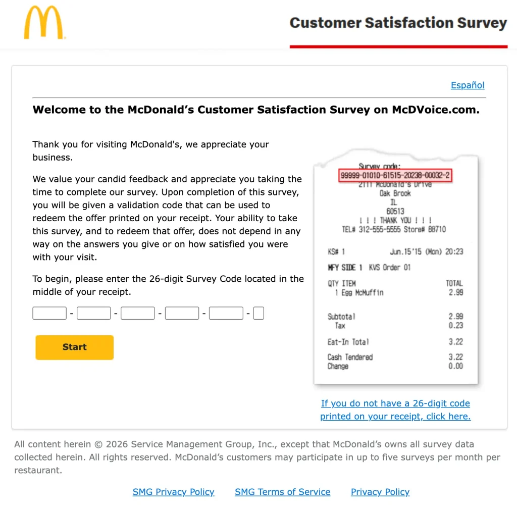 The McDVoice.com start screen asking for the 26-digit survey code in six boxes