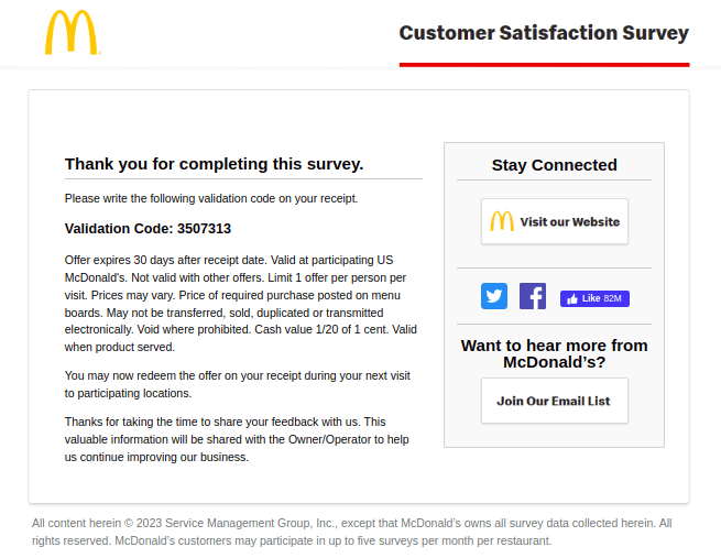 The McDVoice survey's final screen showing a validation code to write on the McDonald's receipt and the offer terms.