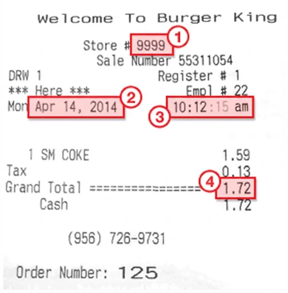 The MyBKExperience sample receipt showing where to find the Burger King restaurant number, visit date, time and total