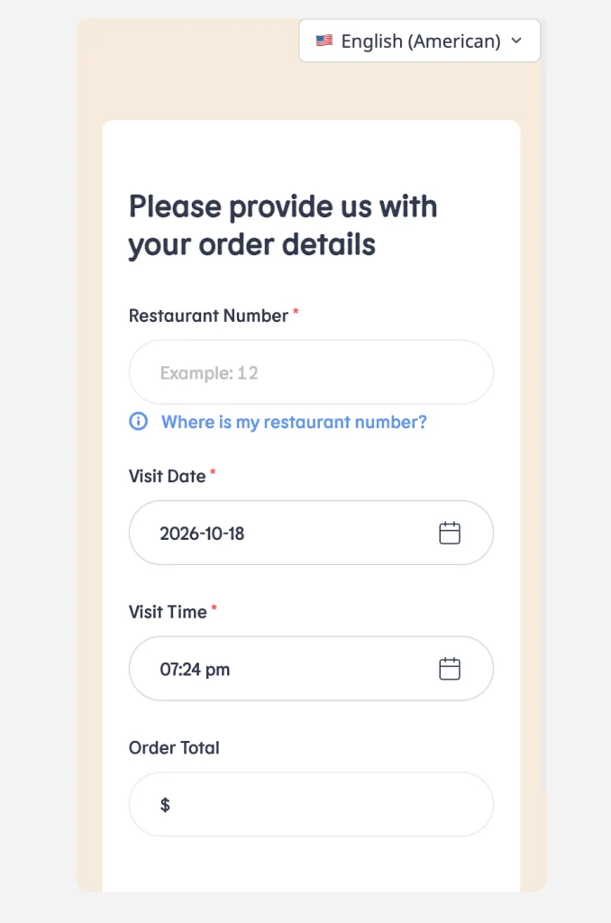 The MyBKExperience order details screen asking for the restaurant number, visit date, visit time and order total