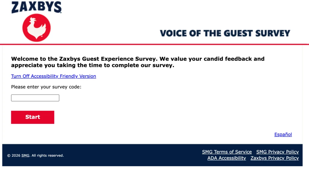 The MyZaxbysFeedback.com start page asking for the survey code from a Zaxby's receipt