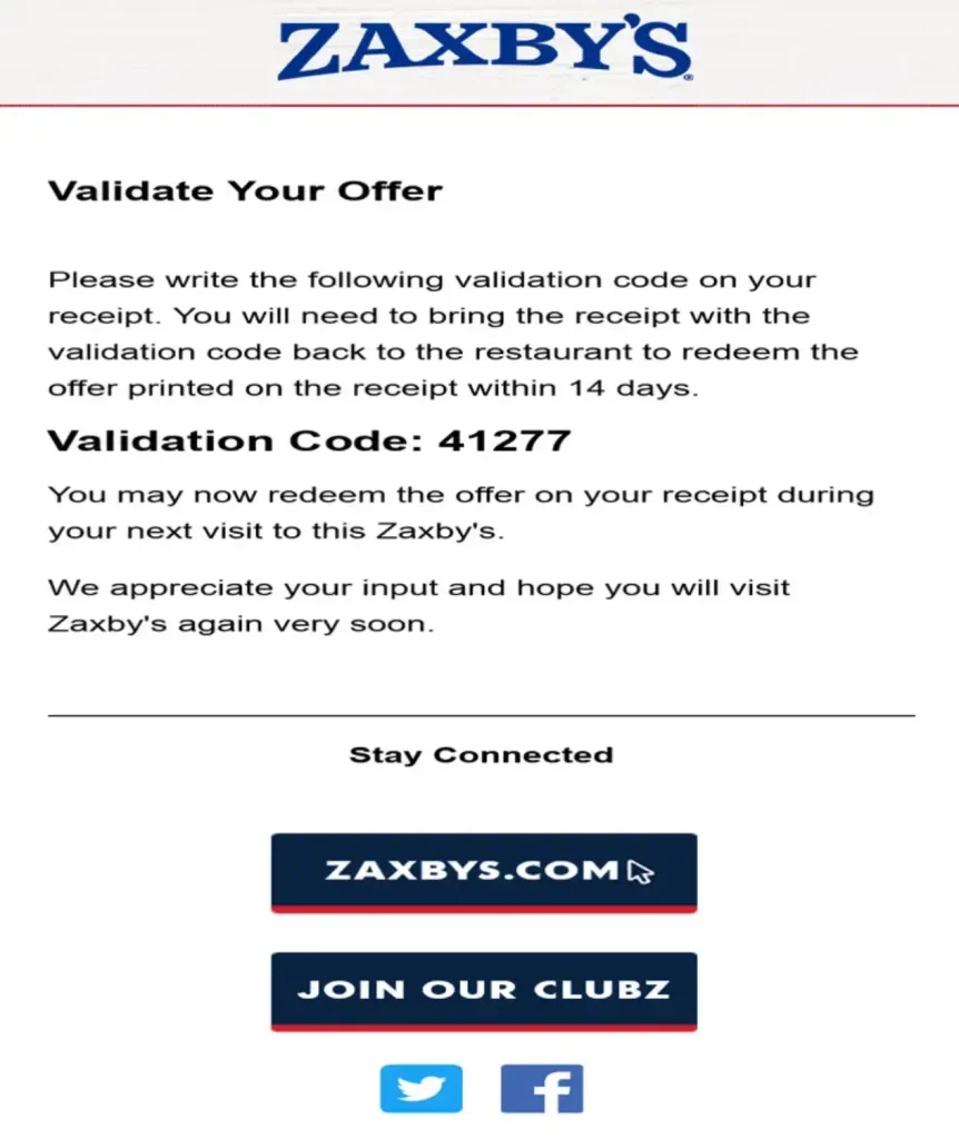 The MyZaxbysFeedback survey's Validate Your Offer page with the validation code and the 14-day redemption note