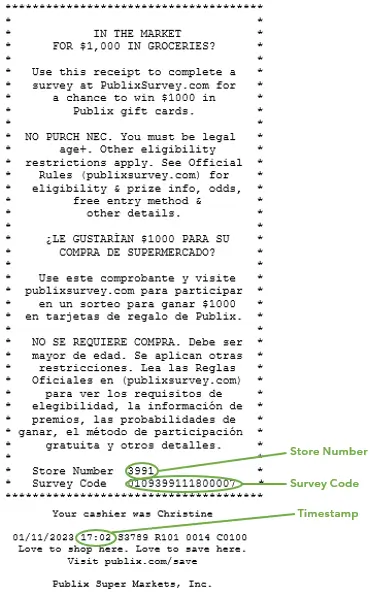 A Publix receipt's sweepstakes invitation with the four-digit store number, 16-digit survey code and timestamp circled