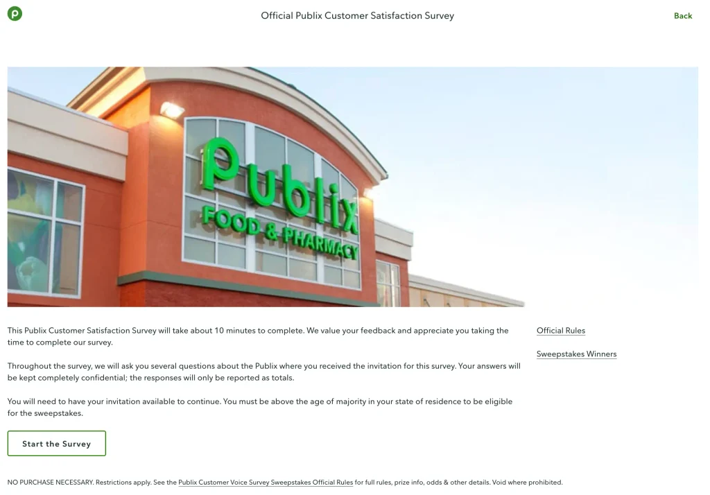 Publix's customer satisfaction survey page on publix.com, showing the Start the Survey and Official Rules links