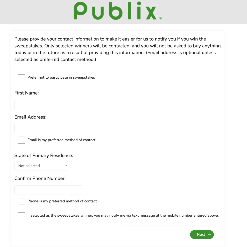 The Publix survey's contact form, with the Prefer not to participate in sweepstakes box left unticked