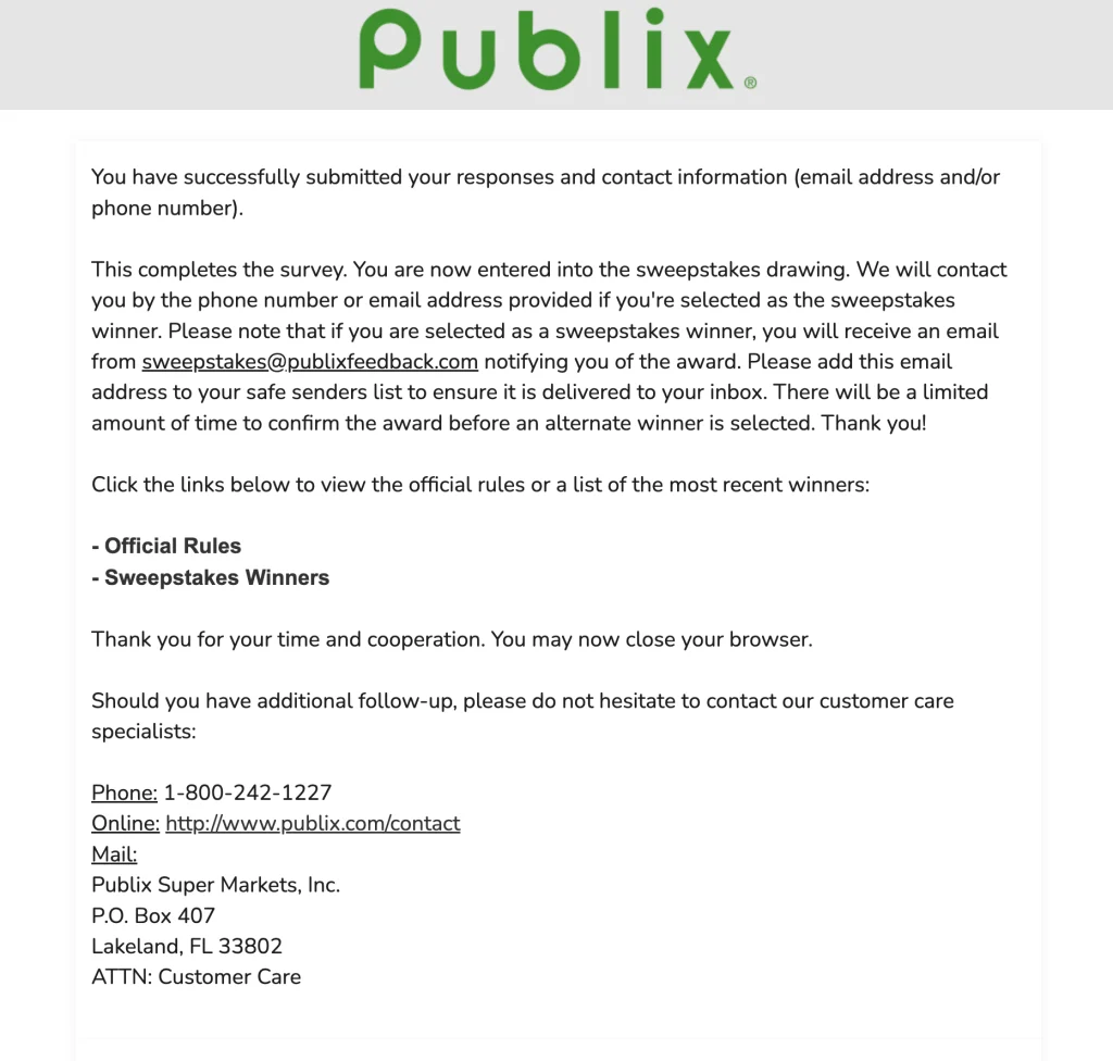 The Publix survey's final screen confirming the sweepstakes entry and naming sweepstakes@publixfeedback.com