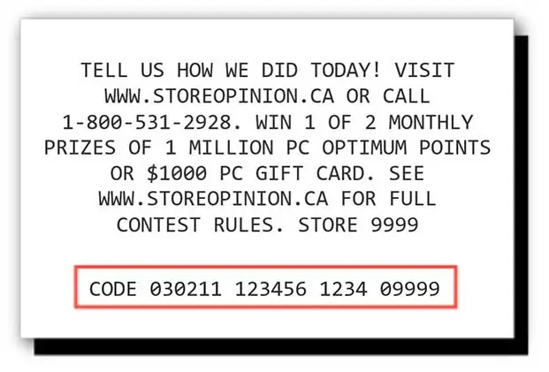 StoreOpinion.ca survey invitation at the bottom of a Loblaw receipt, with the 19-21 digit code
