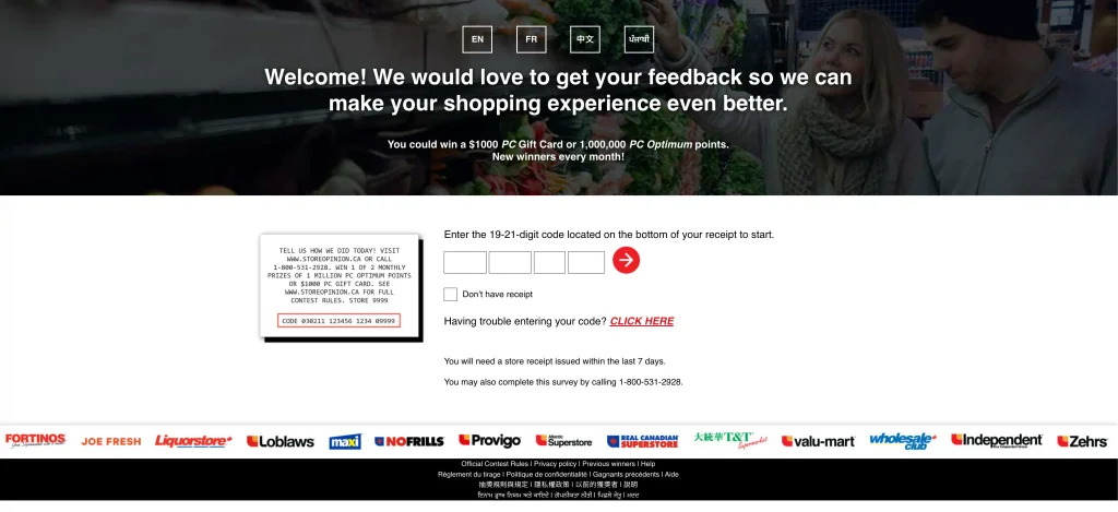 StoreOpinion.ca survey screen offering a $1000 PC gift card or 1 million PC Optimum points in the monthly draw.