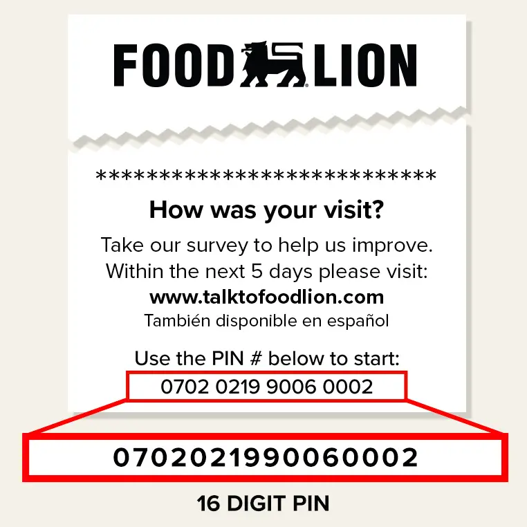 TalkToFoodLion survey invitation at the bottom of a Food Lion receipt, with the 16-digit PIN