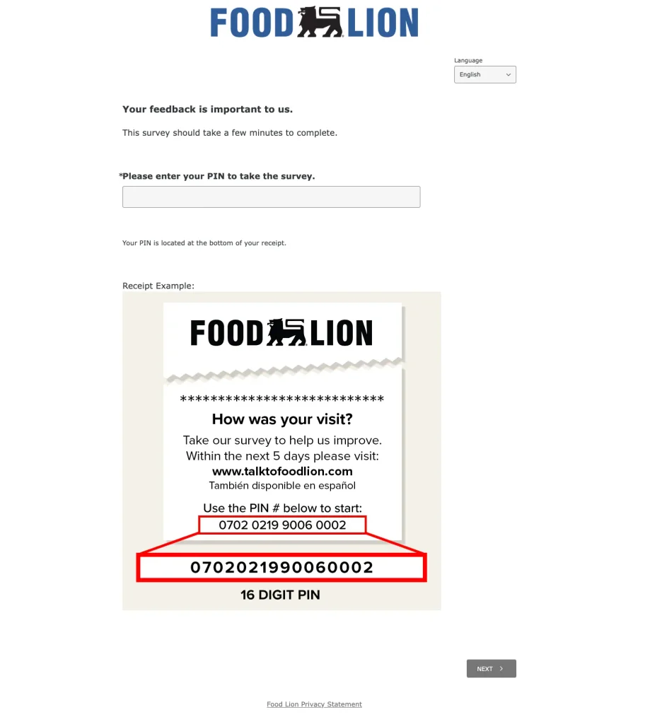 The TalkToFoodLion survey start screen asking for the PIN from the bottom of the receipt