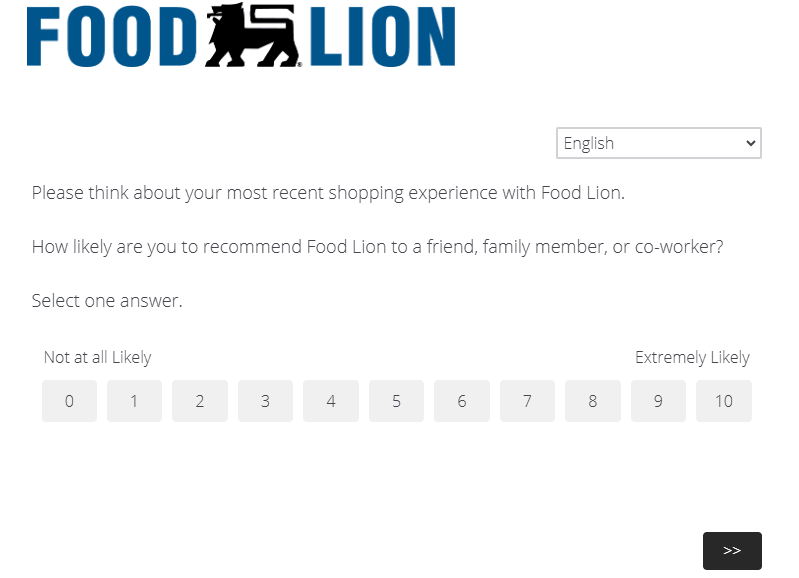 A TalkToFoodLion survey question asking how likely you are to recommend Food Lion on a 0 to 10 scale
