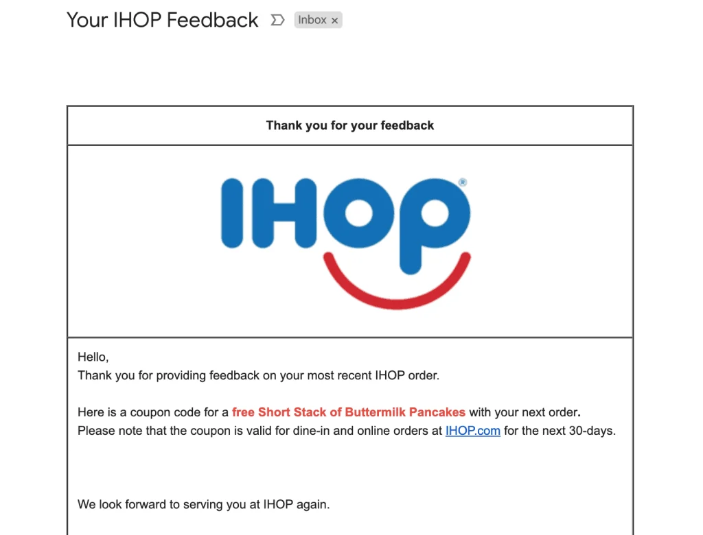 IHOP's Your IHOP Feedback email with a coupon code for a free short stack of buttermilk pancakes.