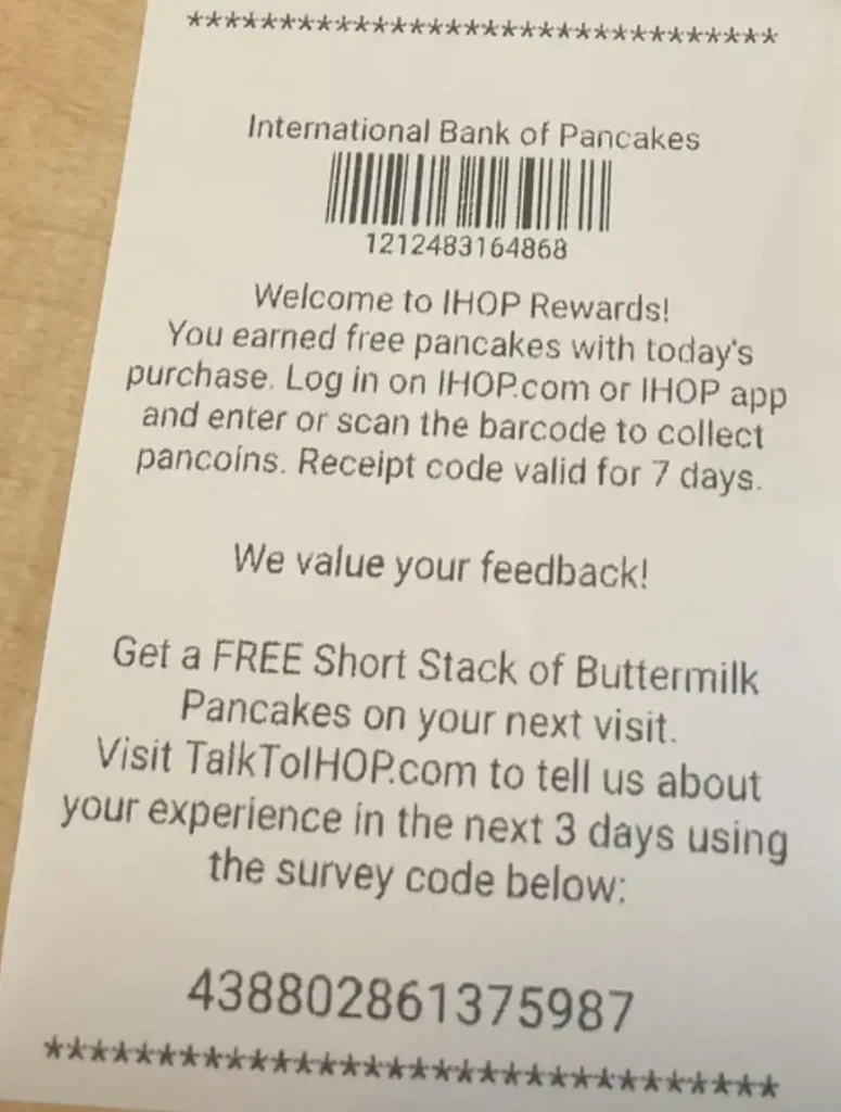 TalkToIHOP survey code at the bottom of an IHOP receipt, below the offer of a free short stack of buttermilk pancakes.