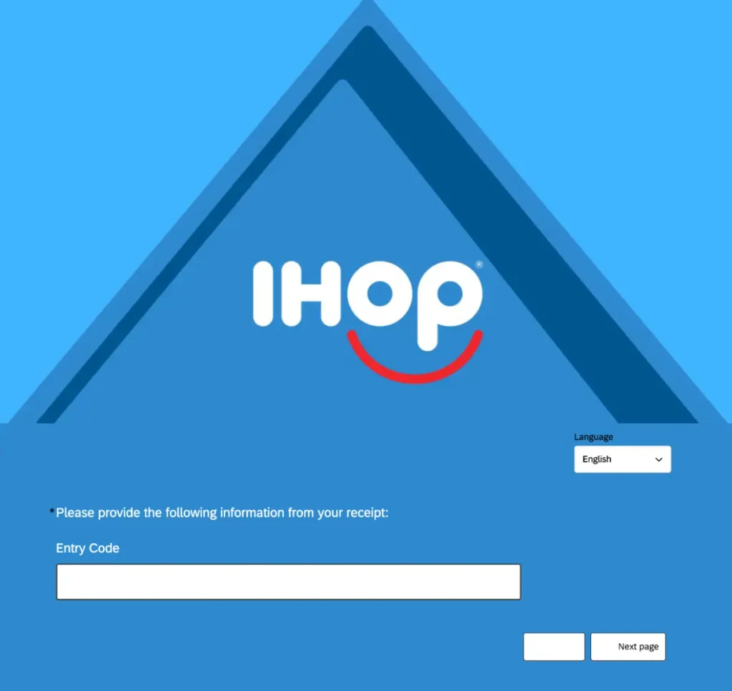 The TalkToIHOP survey start screen asking for the Entry Code from the receipt, with a language menu