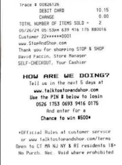 TalkToStopAndShop survey invitation at the bottom of a Stop & Shop receipt, with the 20-digit PIN