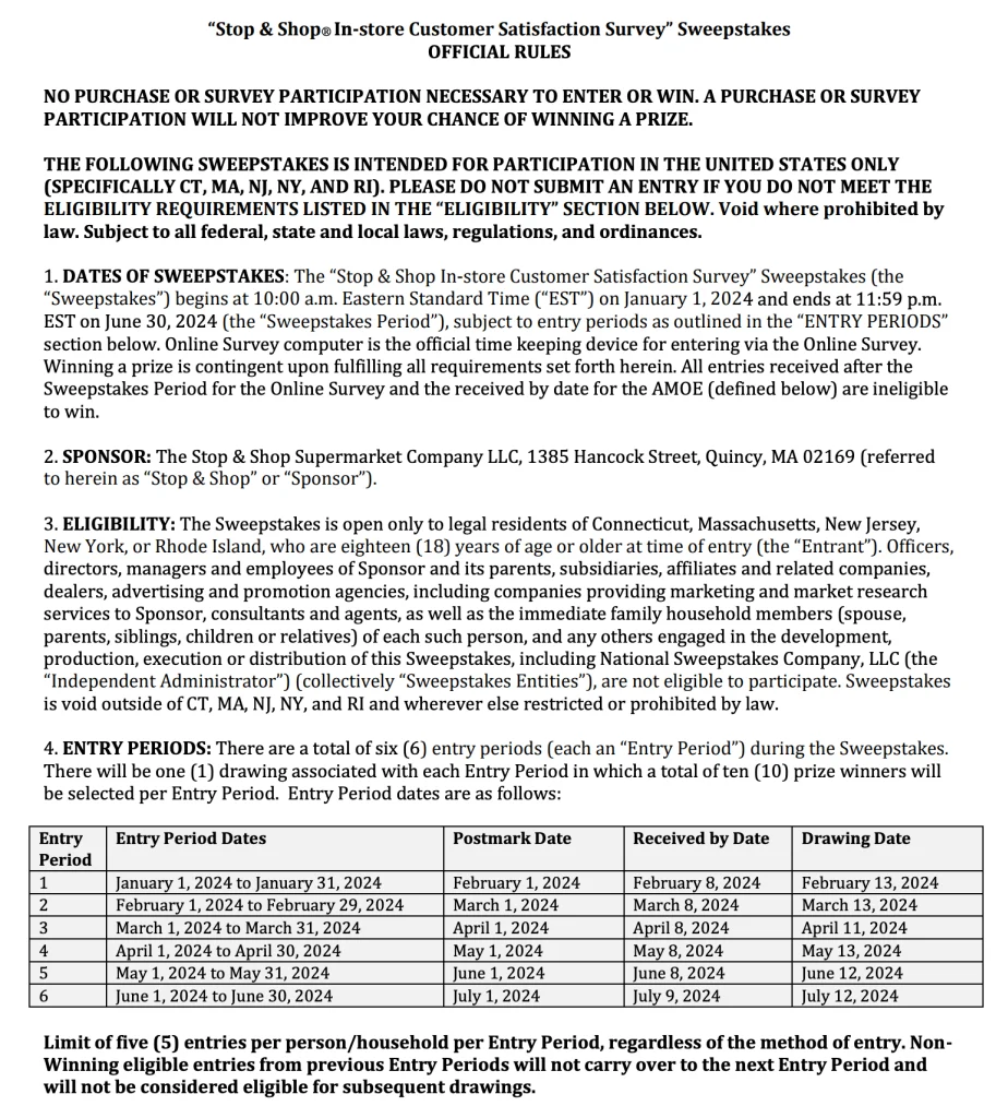 The 2024 TalkToStopAndShop sweepstakes rules, showing the January 1 to June 30, 2024 promotion period.