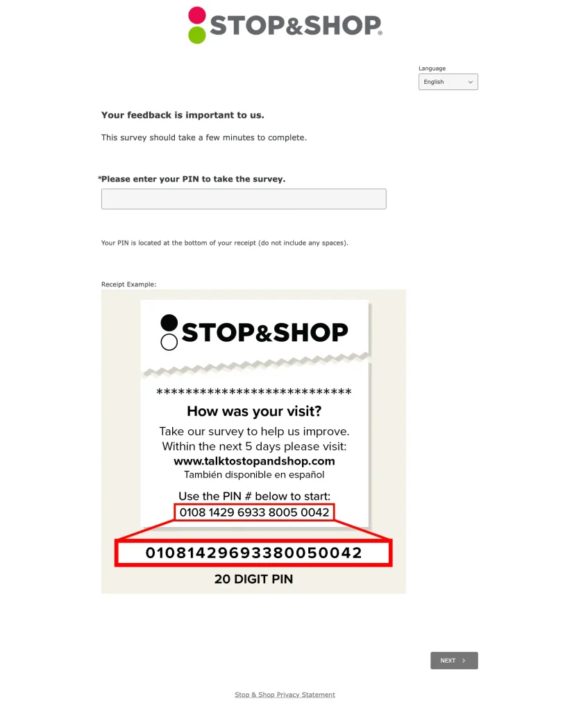 The TalkToStopAndShop survey start screen asking for the PIN from the bottom of the receipt