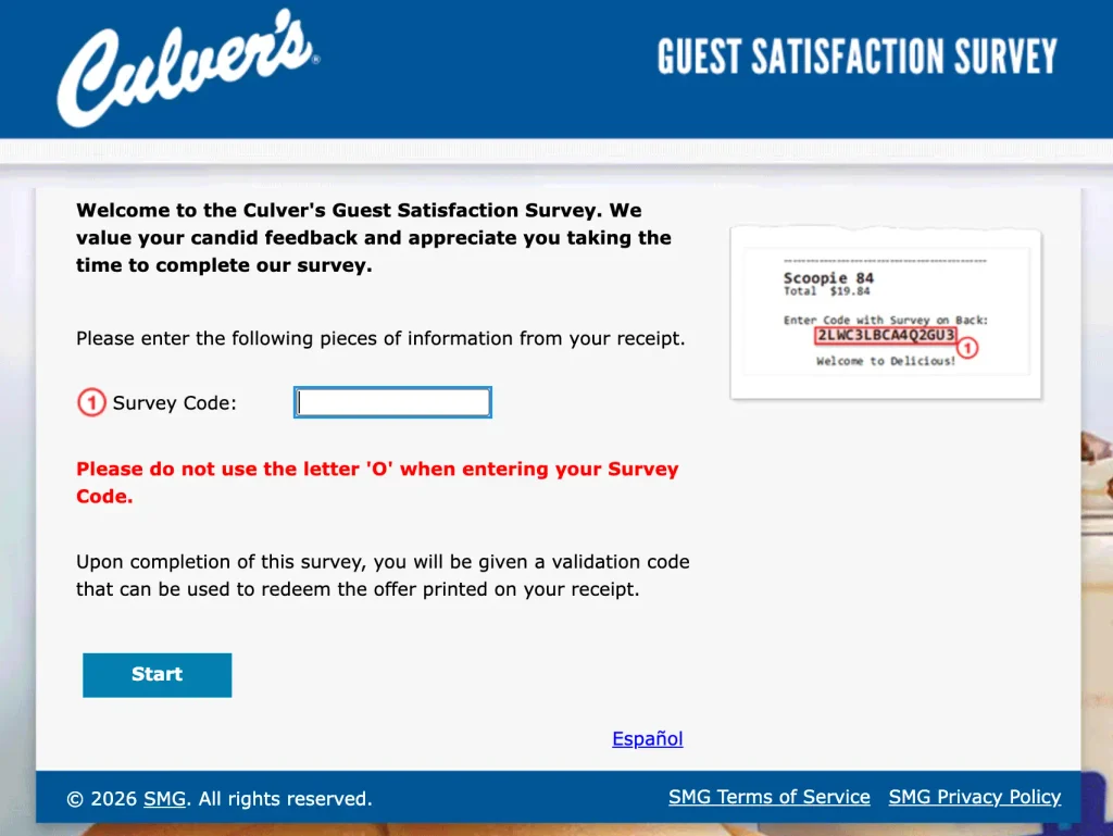 The TellCulvers.com start page with the 15-character Survey Code box and the note not to use the letter O