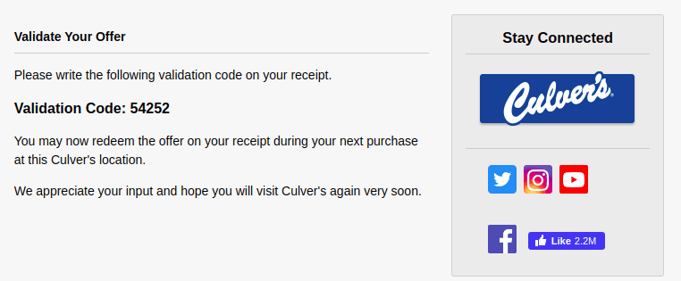 The TellCulvers survey's Validate Your Offer page with a validation code to write on the Culver's receipt