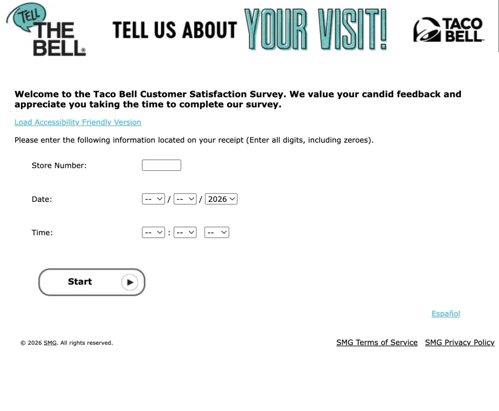 The TellTheBell.com start page with the store number, date and time fields