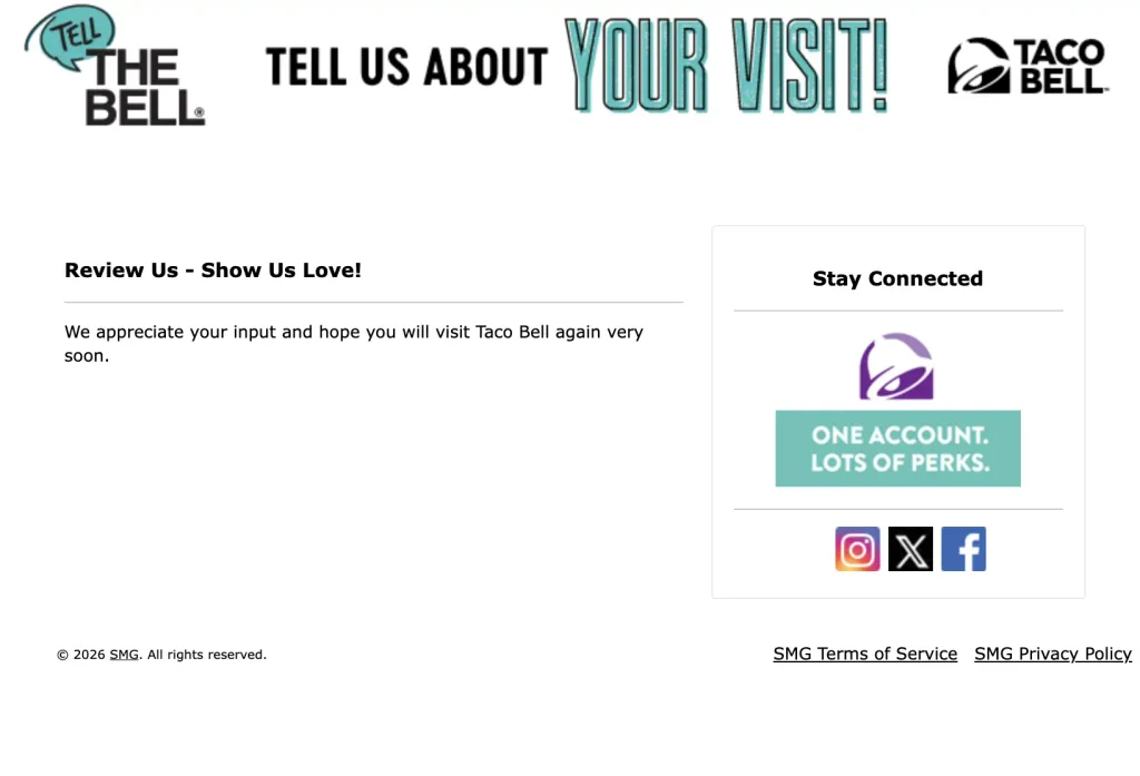 he last page of the TellTheBell survey after the Taco Bell questions