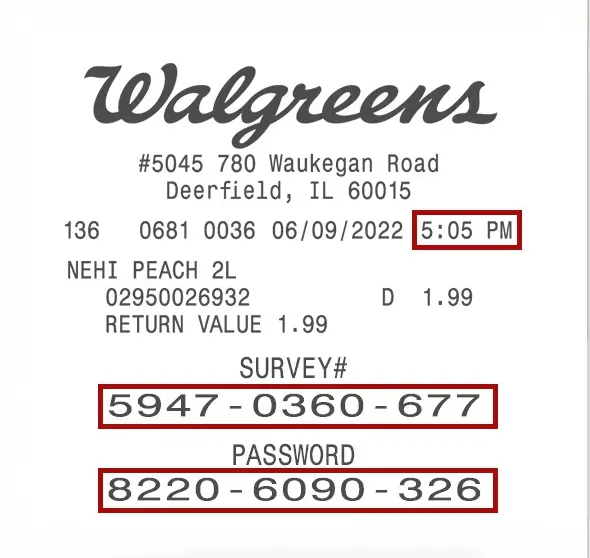 Walgreens survey invitation at the bottom of a receipt, with the SURVEY# and PASSWORD and the visit time next to the date