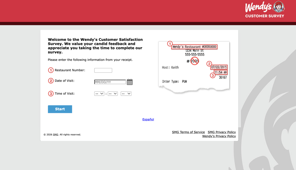 The WendysWantsToKnow.com start page with the restaurant number, date of visit and time of visit fields