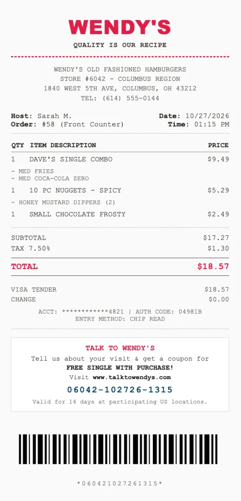 A Wendy's receipt showing the restaurant number, date and time the WendysWantsToKnow survey asks for