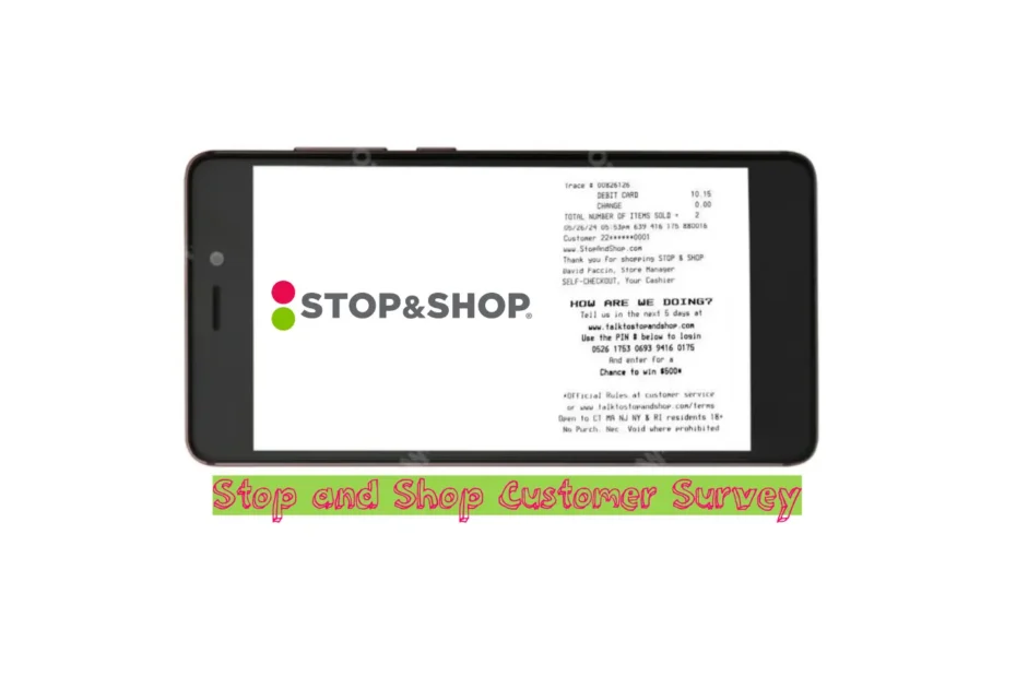 TalkToStopAndShop survey invitation and 20-digit PIN at the bottom of a Stop & Shop receipt